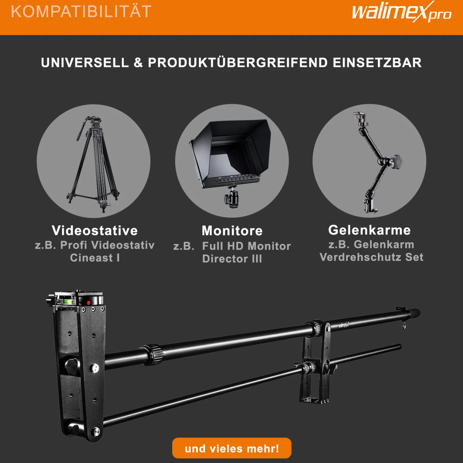 Walimex pro Kamerakran Director Pro - 770 x 90 x 250 mm / max. Traglast 3 kg - mit 1/4" und 3/8" Gewinde, Moosgummi Handgriff und Tragetaschen - schwarz