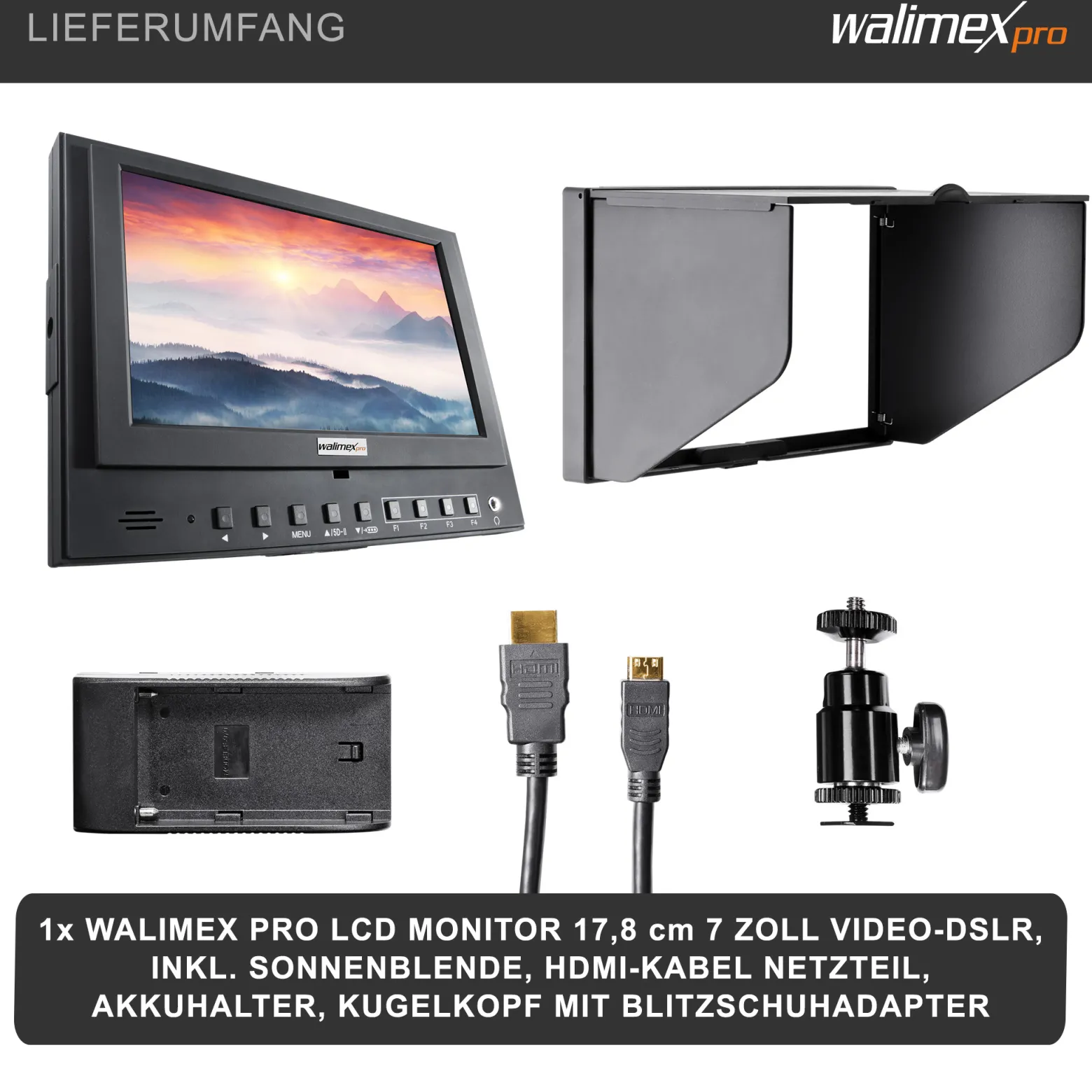 Walimex pro LCD Monitor Director 7 Zoll 17,8 cm Kamera Monitor mit Full HD Unterstützung, Peaking, False Colour, Histogramm, frei belegbare Funktionstasten