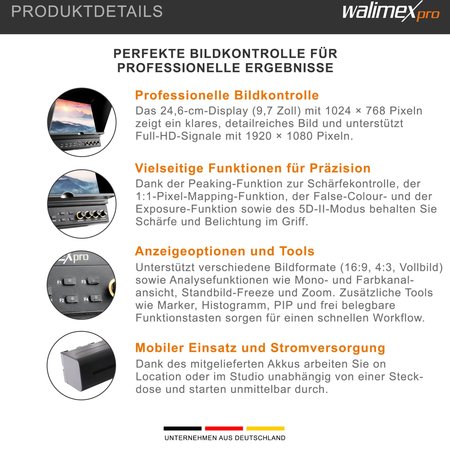 Walimex pro LCD Monitor Director II - Professioneller Video Screen - 24,6 cm / 9,7 Zoll / 1920 x 1080 Pixel, Full HD, 8-fach Zoom, HDMI Out - für Video DSLR Kamera