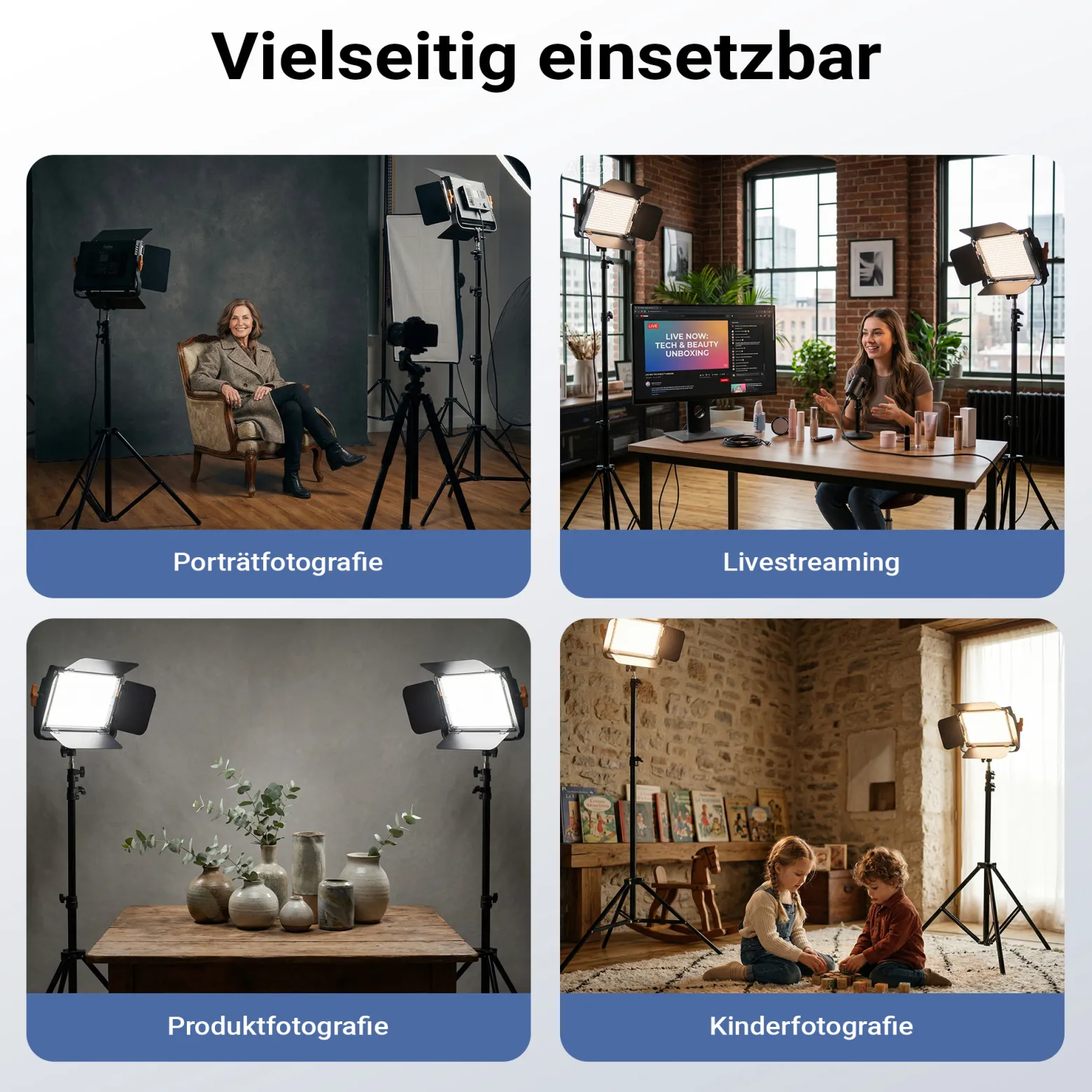 Walimex pro LED Niova 900 Bi Color und Stativ 2er Set mit 54 W LED Flächenleuchten, variabler Farbtemperatur und Lichtstativen