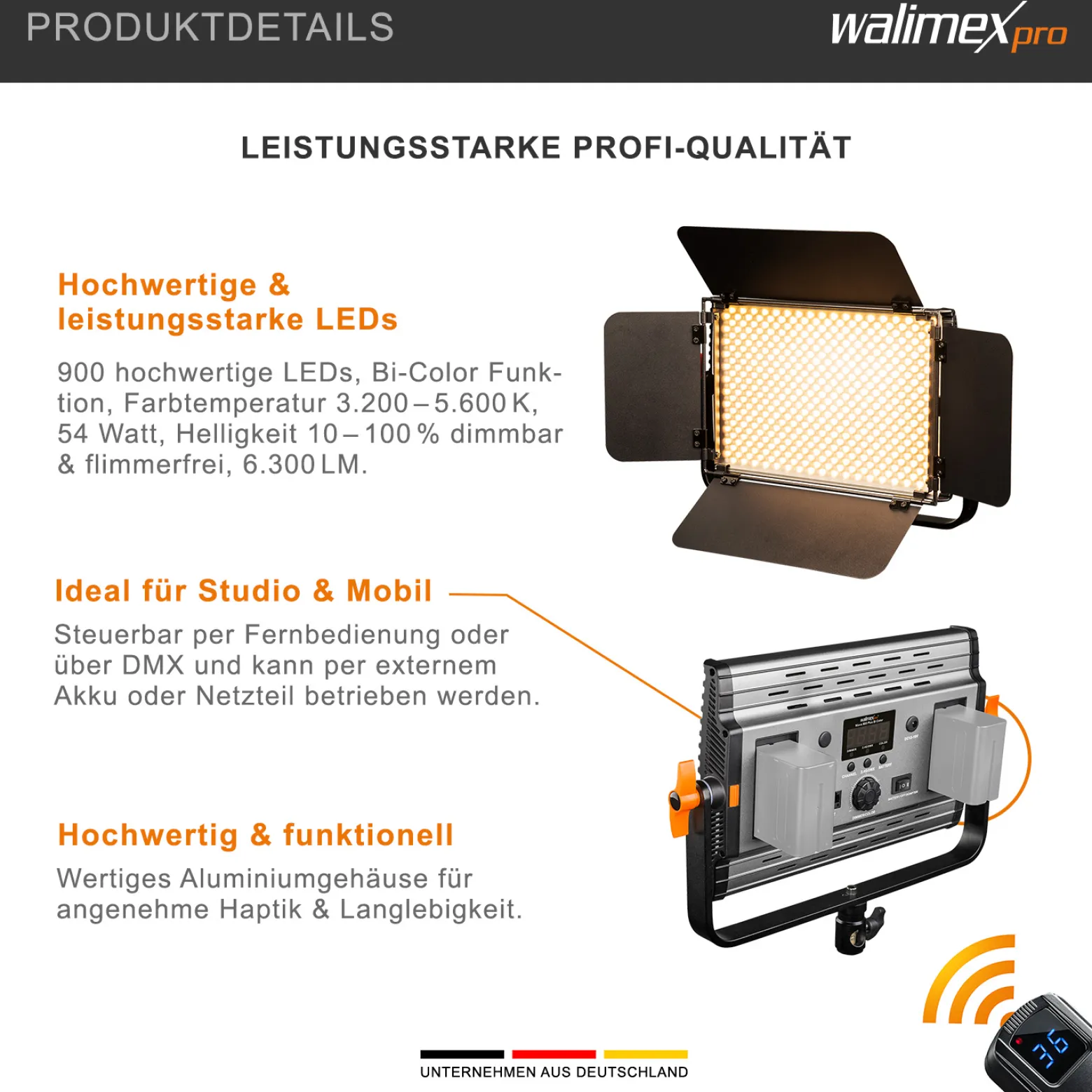 Walimex pro LED Niova 900 Plus Bi Color Videoleuchte, dimmbare Flächenleuchte, Studioleuchte mit Fernbedienung, 54 W Studiolicht, leistungsstarkes Streaming-Licht