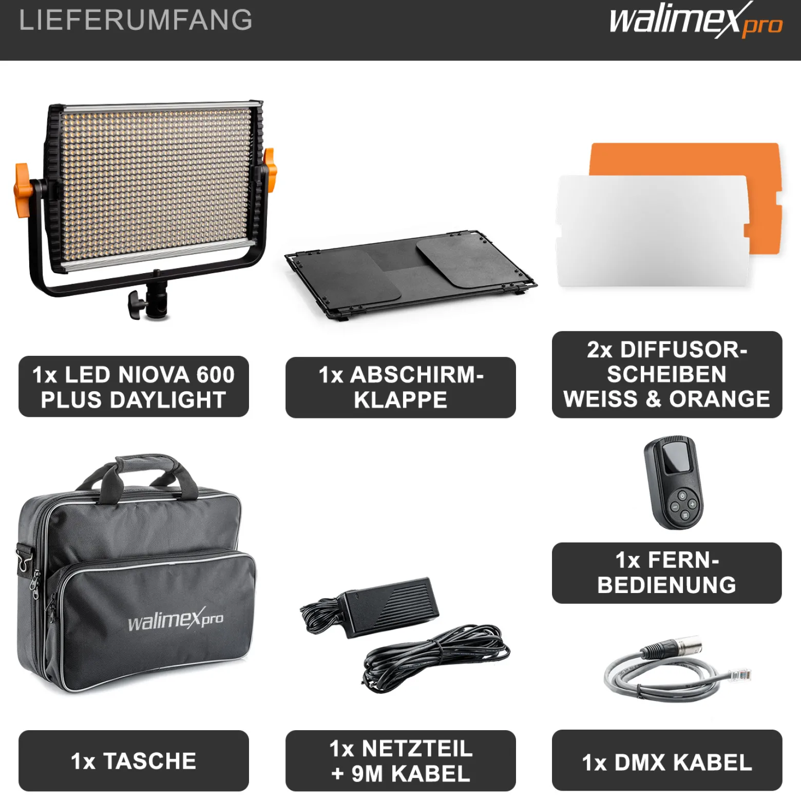 Walimex pro LED Niova 600 Plus Daylight Videoleuchte 36 W, dimmbare Flächenleuchte, professionelle Leuchte mit Tageslicht, Studioleuchte mit Fernbedienung
