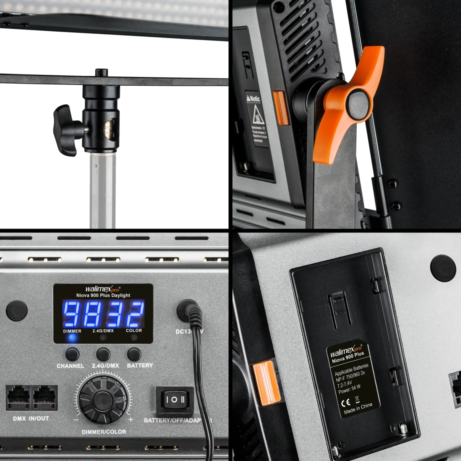 Walimex pro LED Niova 900 Plus Daylight Videoleuchte 54 W mit Lampenstativ, dimmbare Flächenleuchte Tageslicht 5600 K, Studioleuchte mit Fernbedienung
