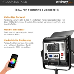 Walimex pro LED Rainbow Flächenleuchte, 50 W Videoleuchte, Studioleuchte mit Farbwechsel RGBWW, Studio-Beleuchtung steuerbar per App, Bi-Color Videolicht