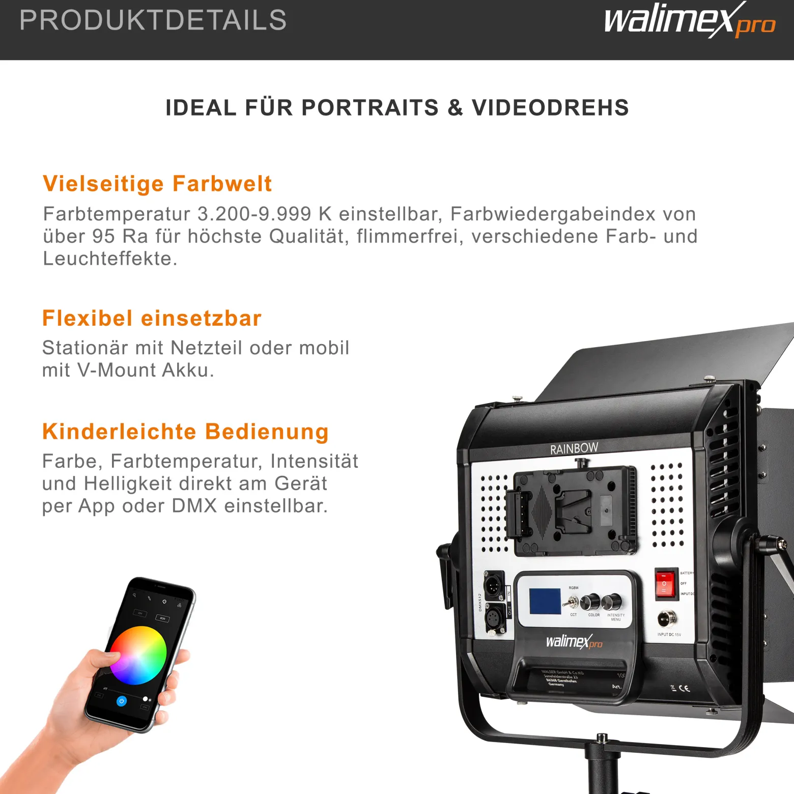 Walimex pro LED Rainbow Flächenleuchte, 50 W Videoleuchte, Studioleuchte mit Farbwechsel RGBWW, Studio-Beleuchtung steuerbar per App, Bi-Color Videolicht