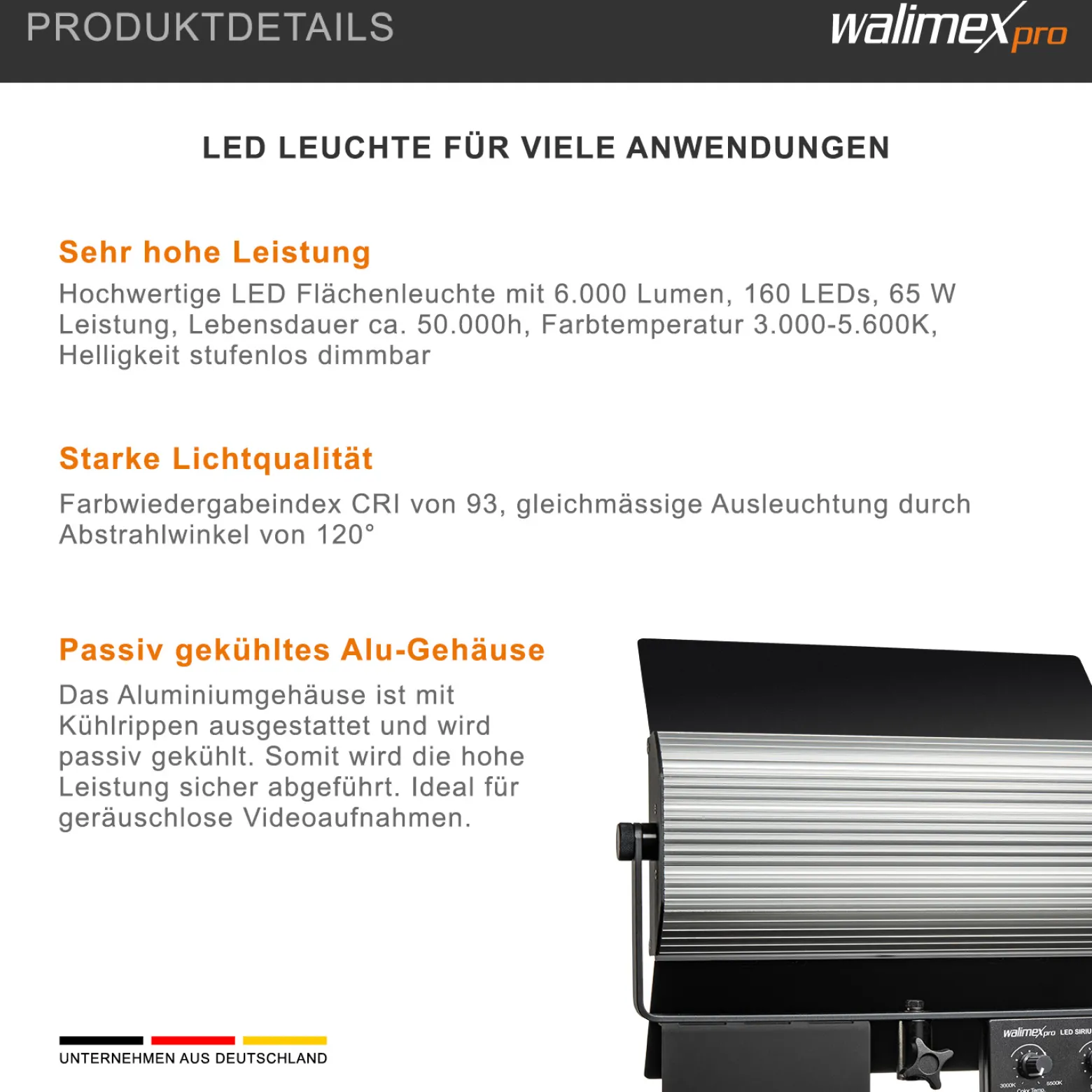 Walimex pro LED Sirius 160 Bi Color Flächenleuchte, Flächenlicht 65 W, Videoleuchte stufenlos dimmbar 3200-5600 K, Studiolicht mit 120° Abstrahlwinkel und Diffusor