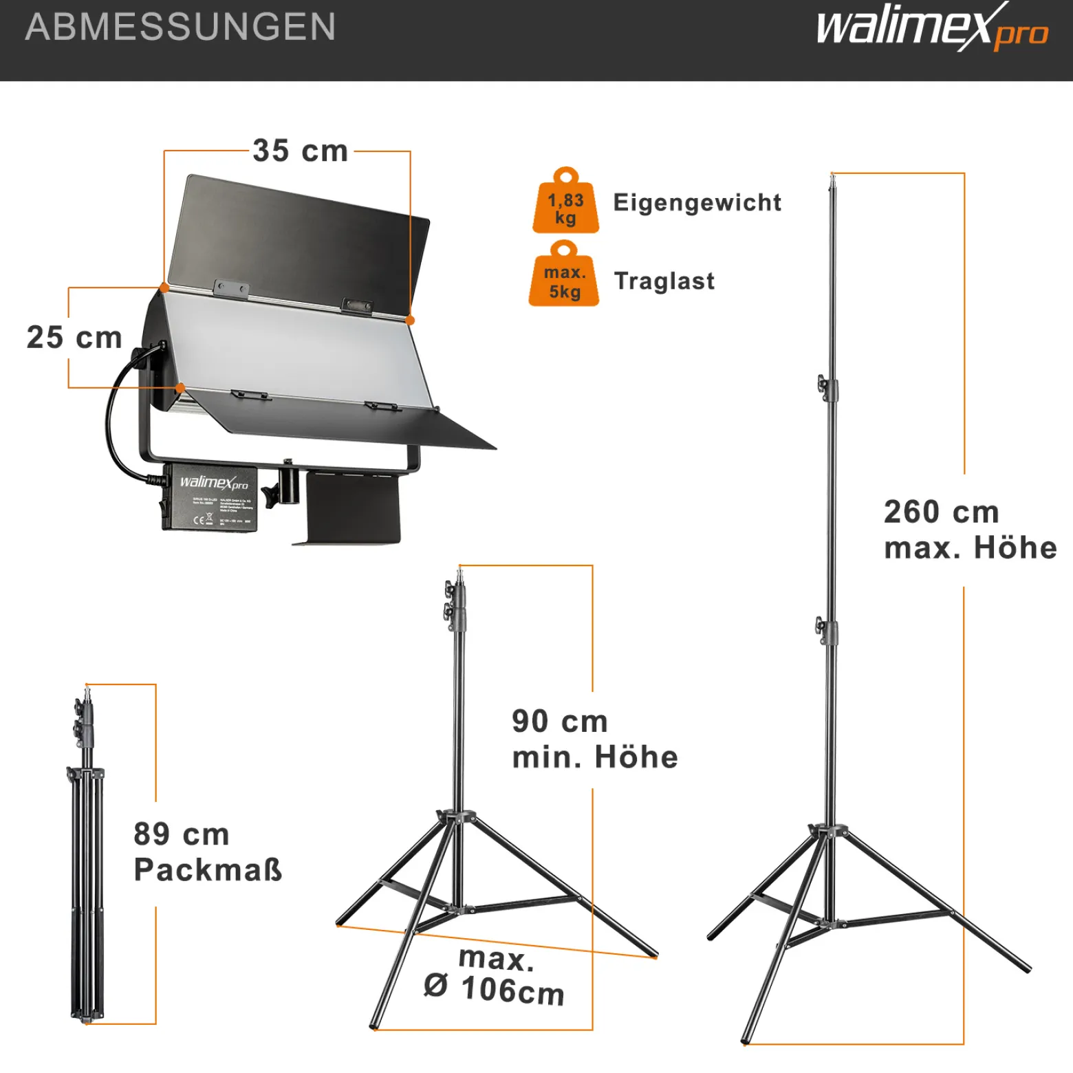 Walimex pro LED Sirius 160 Daylight Flächenleuchte Set mit Lampenstativ, 65 W Flächenlicht, Tageslicht Videoleuchte 5600 K, Studioleuchte mit Aluminium-Gehäuse, Stativ mit Federdämpfung