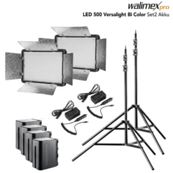Walimex pro LED 500 Versalight Bi Color Flächenleuchte 2er Set inkl. 2x Lampenstativ & 4x Akku, leistungsstarke Videoleuchte 32 W, Studioleuchte mit Fernbedienung