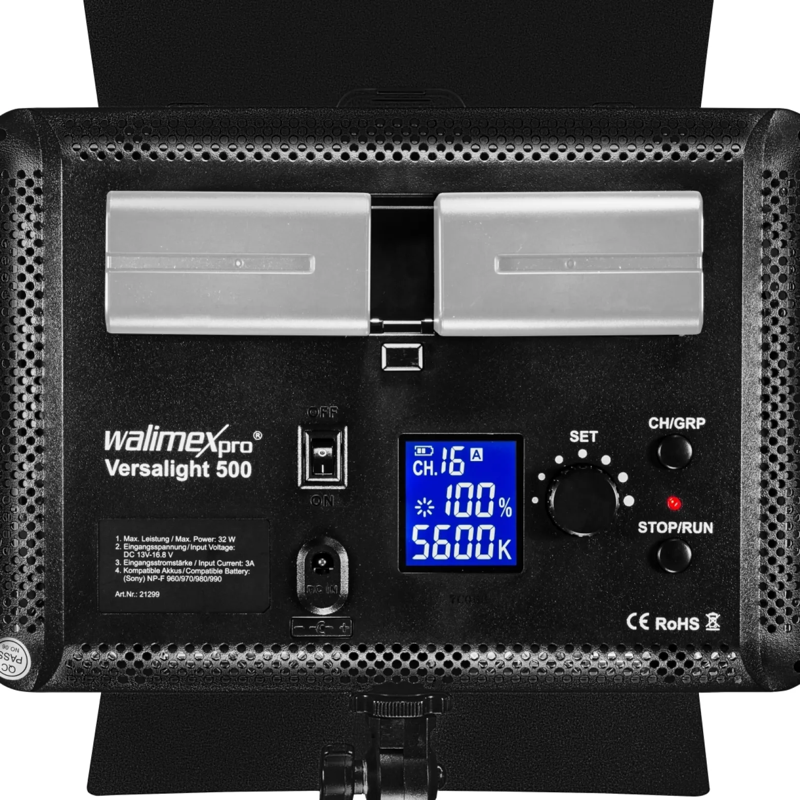 Walimex pro LED Versalight 500 Daylight Set bestehend aus Flächenleuchte, Lampenstativ bis 260 cm und 2 Akkus