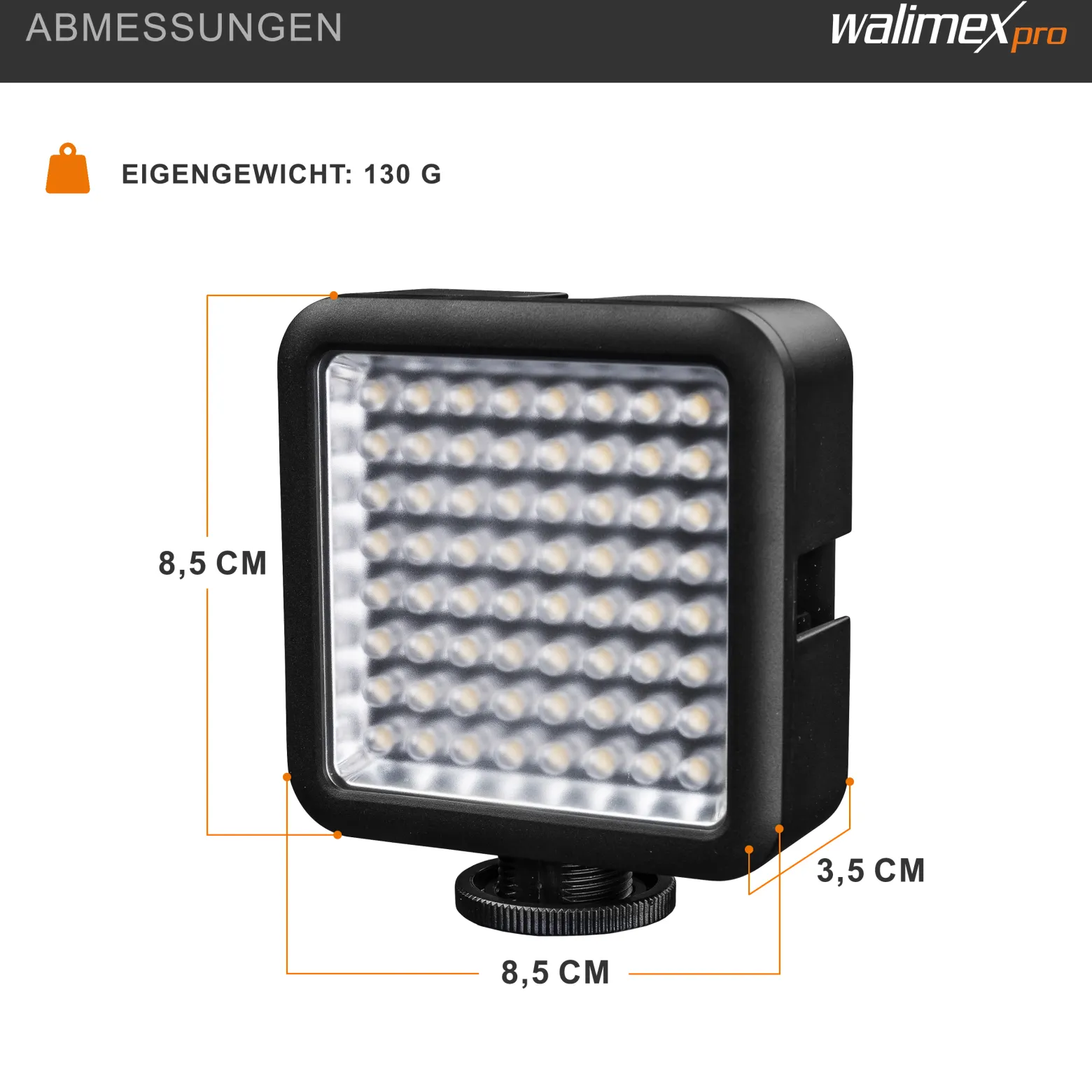 Walimex pro LED-Videoleuchte mit 64 LEDs, 6 W, Kamera Beleuchtung stufenlos dimmbar, erweiterbares Fotolicht mit Stecksystem, Videolicht für Aktion Kamera, Camcorder und DSLR