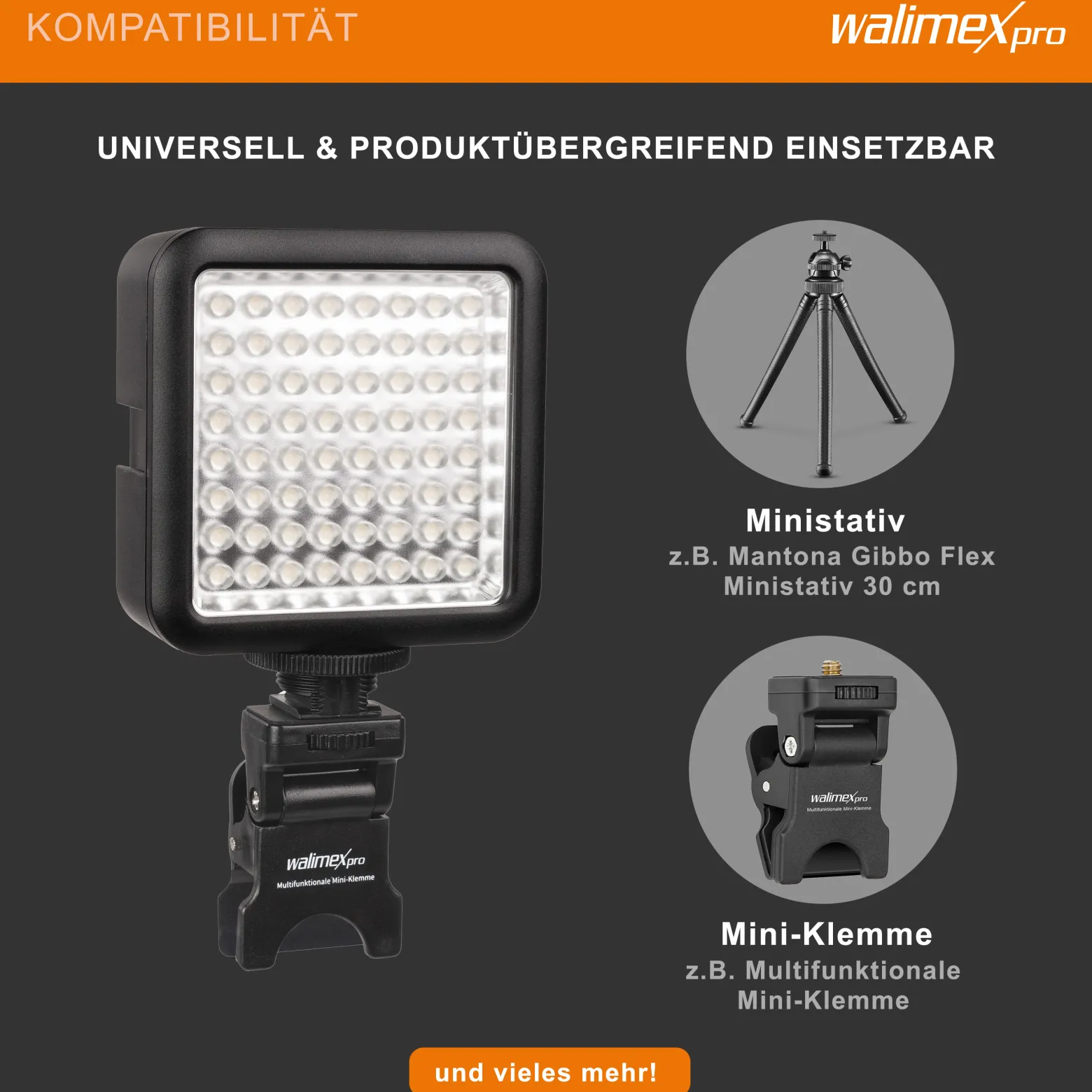 Walimex pro LED-Videoleuchte mit 64 LEDs, 6 W, Kamera Beleuchtung stufenlos dimmbar, erweiterbares Fotolicht mit Stecksystem, Videolicht für Aktion Kamera, Camcorder und DSLR