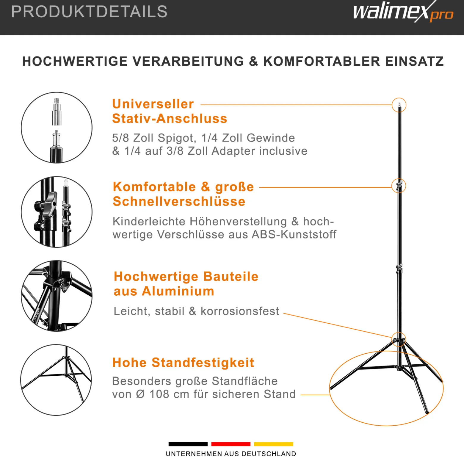 Walimex pro Lichtstativ WT-806 3er-Set bis 256 cm Höhe, Blitzstativ mit Federdämpfung inkl. 3/8" Adapter & Taschen, Lampenstativ bis 6 kg, Studiostativ für Ringlicht, Reflektor, Blitz & Video