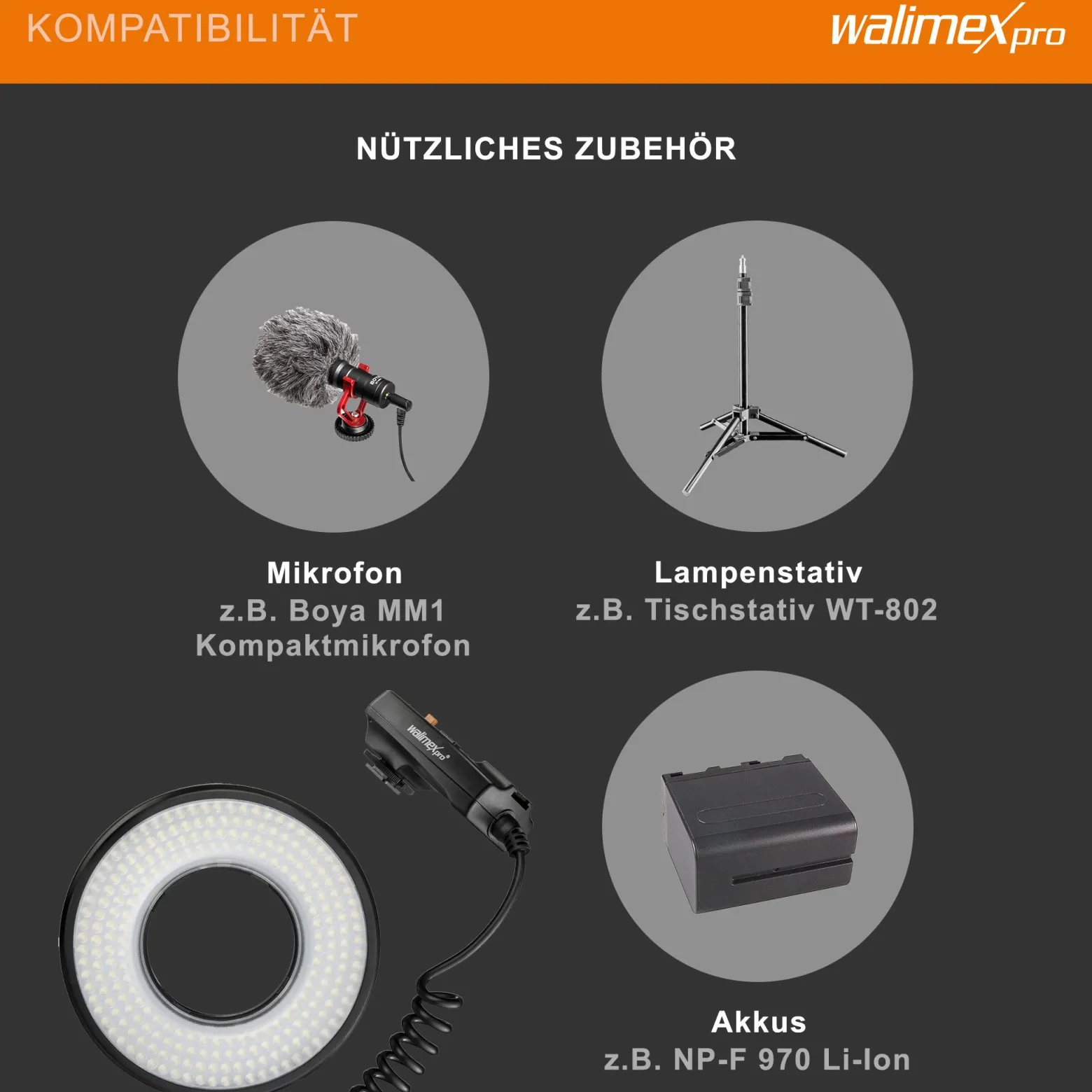 Walimex pro Macro LED Ringlicht Set inkl. Ministativ mit Kugelkopf, Ringleuchte 14 W mit 232 LEDs, stufenlos dimmbares Videolicht, Ringlampe mit Tageslichtcharakter
