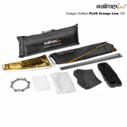 Walimex pro Octagon Softbox Plus Orange Line 120 cm - 900 x 1200 x 1200 mm - mit golden-silbernem Einsatz - schwarz-weiß - inkl. Adapters für Elinchrom