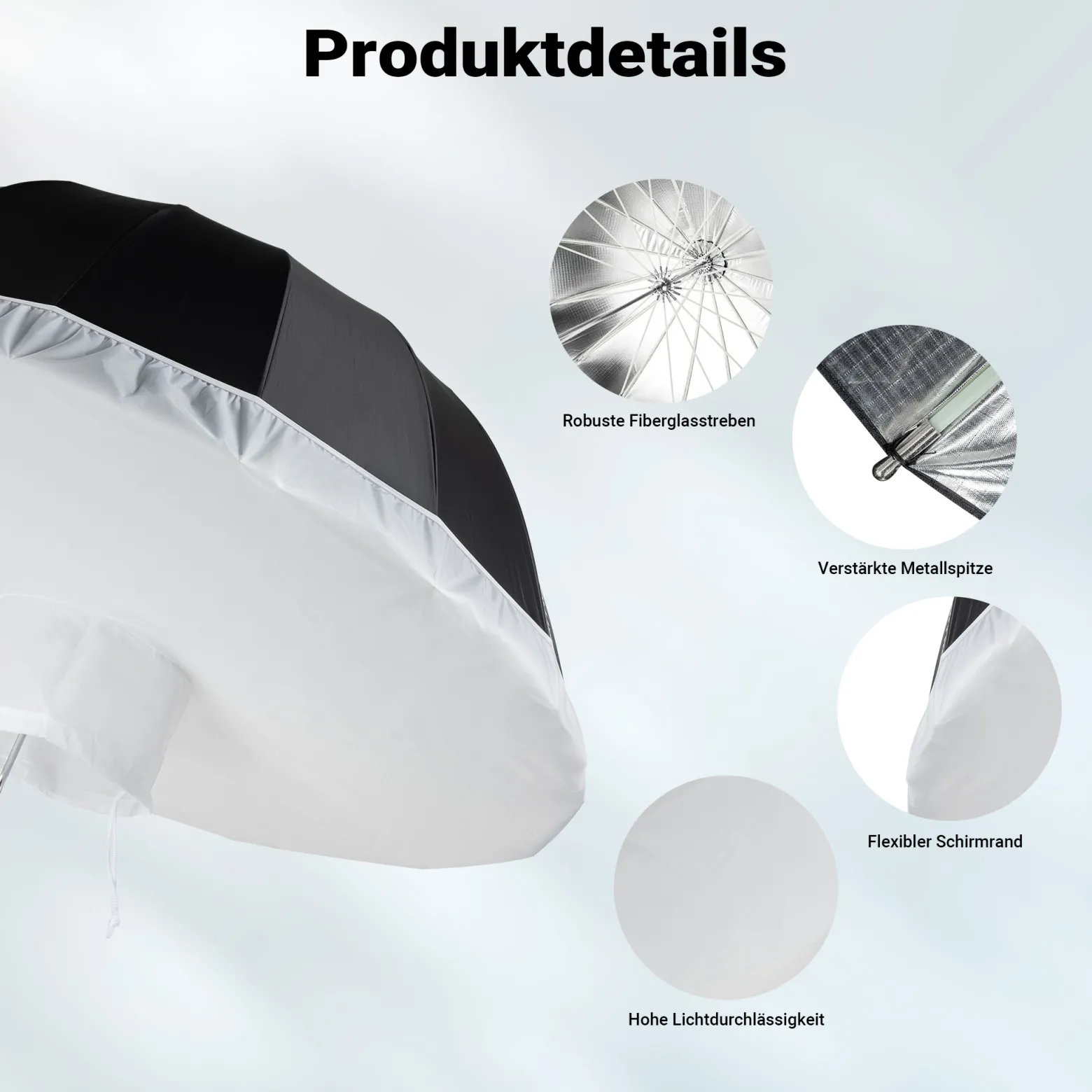 Walimex pro Parabol Reflexschirm schwarz/silberfarben Ø 129 cm + Diffusor – Lichtformer Set für Fotografie und Videografie