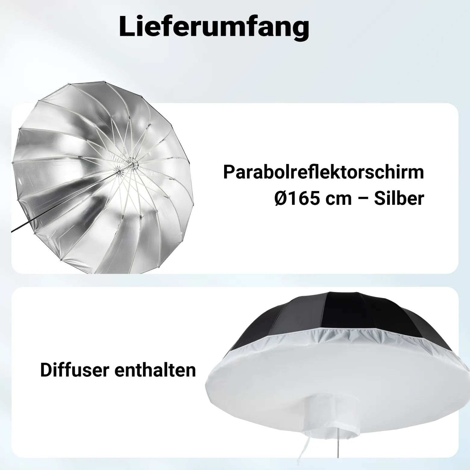 Walimex pro Parabol Reflexschirm schwarz/silberfarben Ø 165 cm + Diffusor – Lichtformer Set für Fotografie und Videografie
