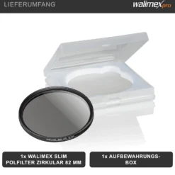 Walimex pro Polfilter zirkular slim 82 mm, Polarisationsfilter inkl. Schutzhülle, CPL Filter mit Metallfassung, Kamera Pol Filter für professionelle Aufnahmen