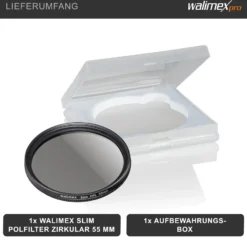 Walimex pro Polfilter zirkular slim 55 mm, Polarisationsfilter inkl. Schutzhülle, CPL Filter mit Metallfassung, Kamera Pol Filter für professionelle Aufnahmen