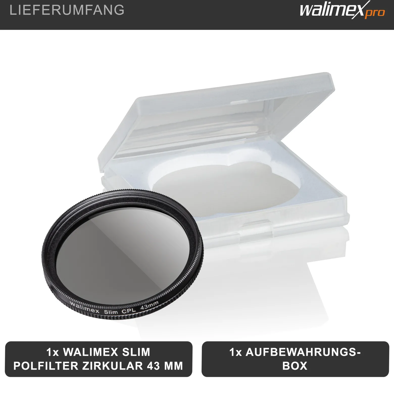 Walimex pro Polfilter zirkular slim 43 mm, Polarisationsfilter inkl. Schutzhülle, CPL Filter mit Metallfassung, Kamera Pol Filter für professionelle Aufnahmen