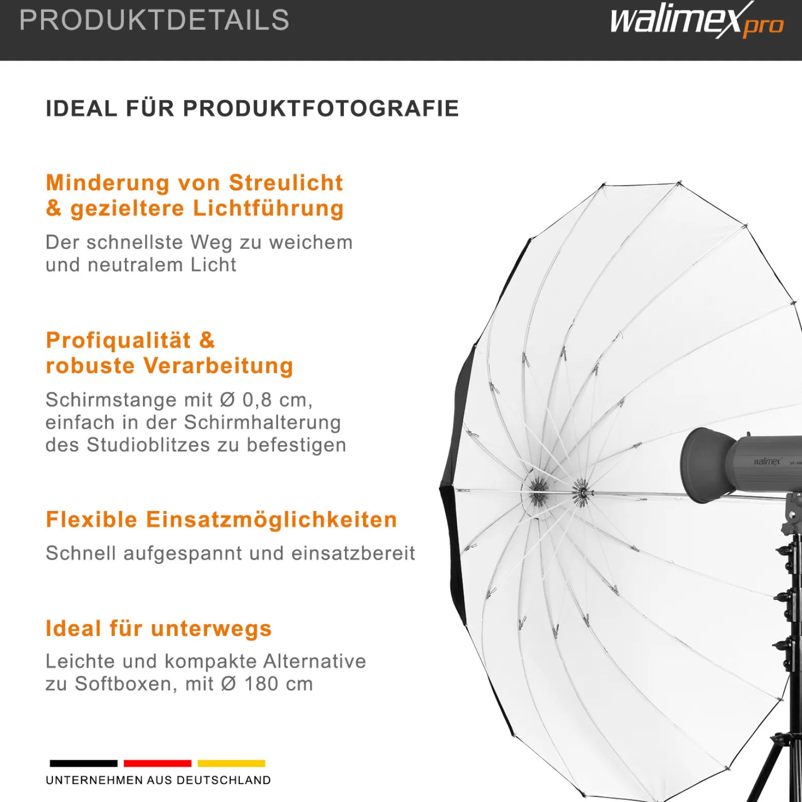 Walimex pro Reflexschirm Ø 180 cm schwarz/weiß für weiches Licht, Lichtreflektor für neutrale Lichtführung und Streulichtminderung, optimal für Produktfotografie