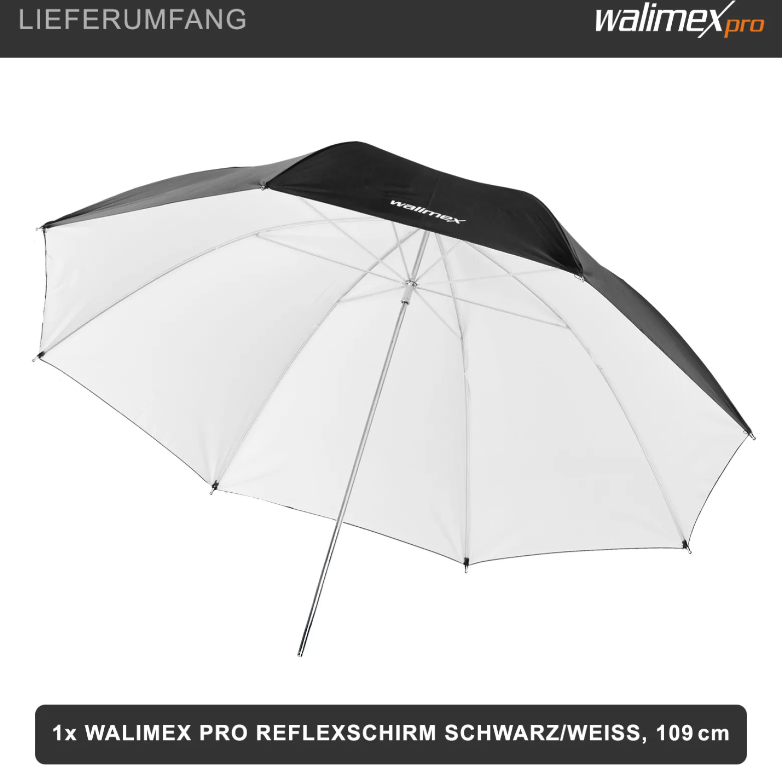 Walimex pro Reflexschirm Ø 109 cm schwarz/weiß für weiches Licht, Lichtreflektor ideal für Porträtfotografie und Produktfotografie, Lichtformer für Studioblitz, Fotoschirm mit Metallstange