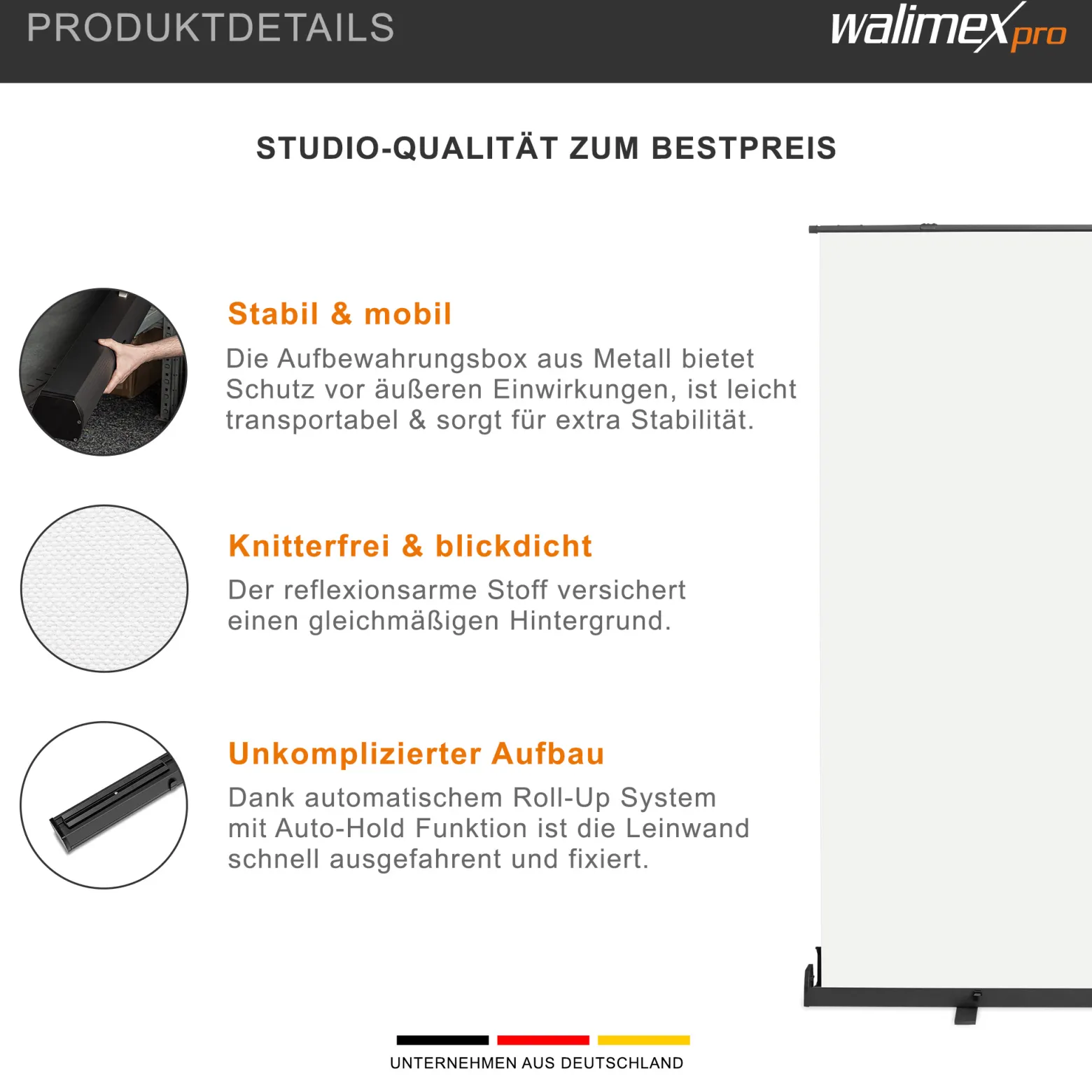 Walimex pro Roll-up Panel Hintergrund weiß 210 x 220 cm, Fotohintergrund mit Transportbox, Hintergrundsystem für Fotostudio, knitterfreie Fotoleinwand ideal für Freistellen und High-Key-Fotografie