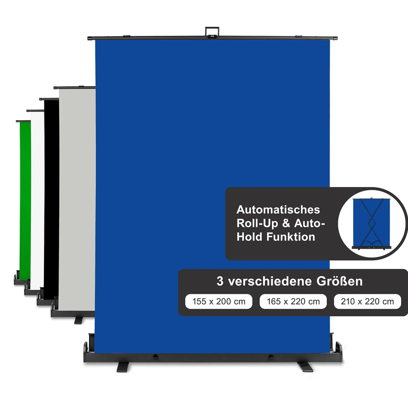 Walimex pro Roll-up Panel Hintergrund blau 155 x 200 cm, Fotohintergrund mit Transportbox, Hintergrundsystem für Fotostudio, knitterfreie Fotoleinwand ideal für Freistellen und Chromakeying