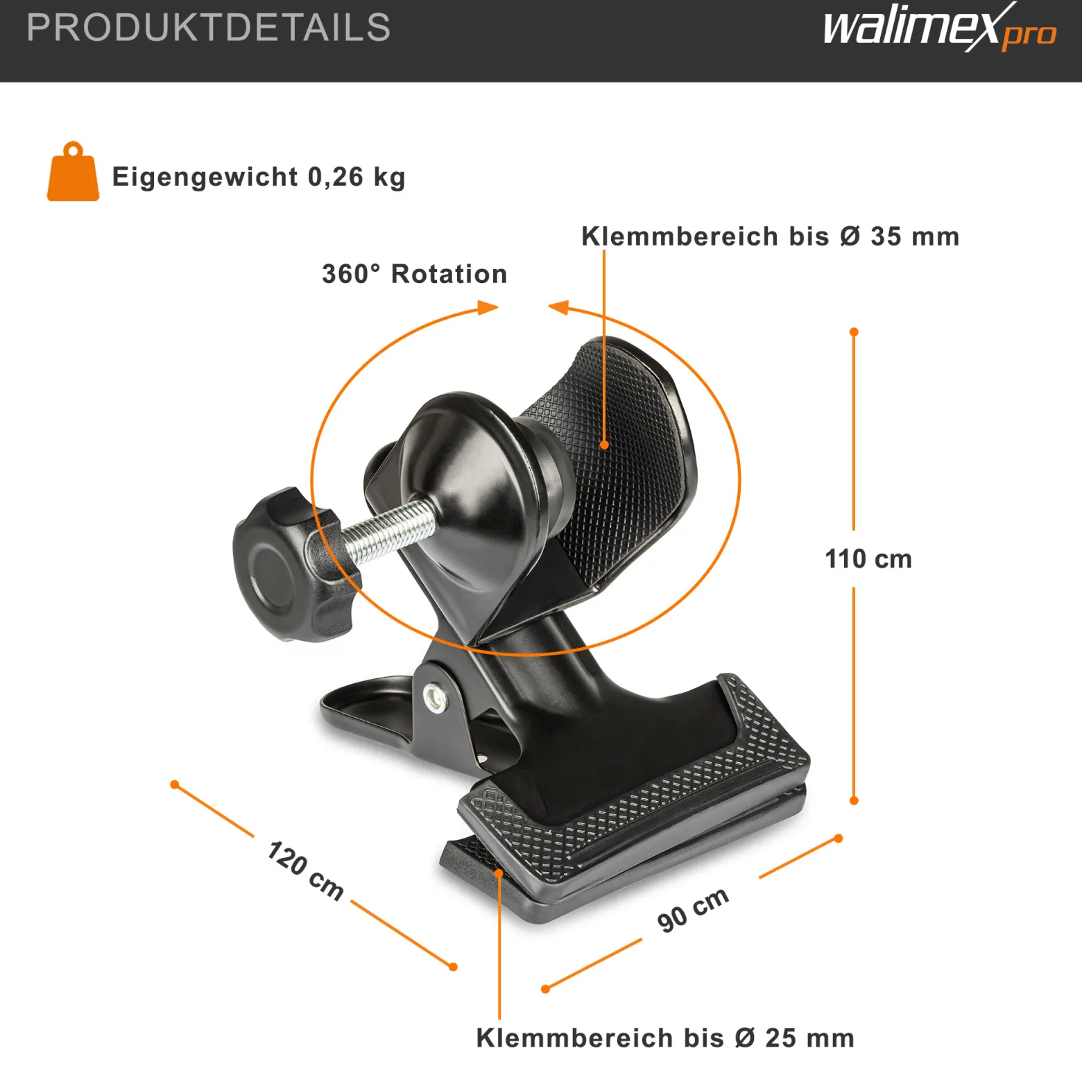 Walimex pro Schraubklemme mit Schraub- und Klemmvorrichtung für Stangen bis 3,5 cm, Klemmbereich 2,5 cm, Studio Zubehör für Hintergründe und Reflektoren