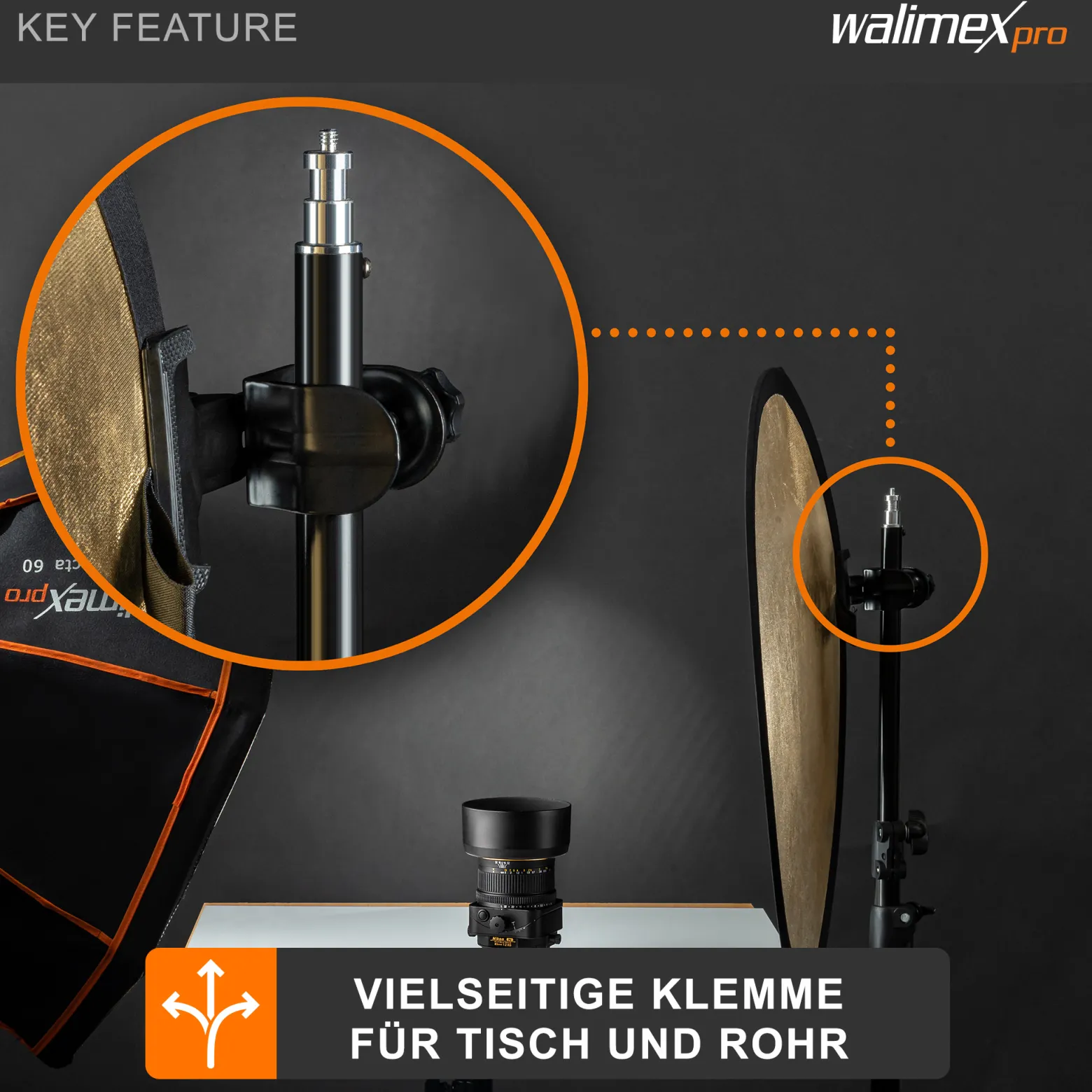 Walimex pro Schraubklemme mit Schraub- und Klemmvorrichtung für Stangen bis 3,5 cm, Klemmbereich 2,5 cm, Studio Zubehör für Hintergründe und Reflektoren