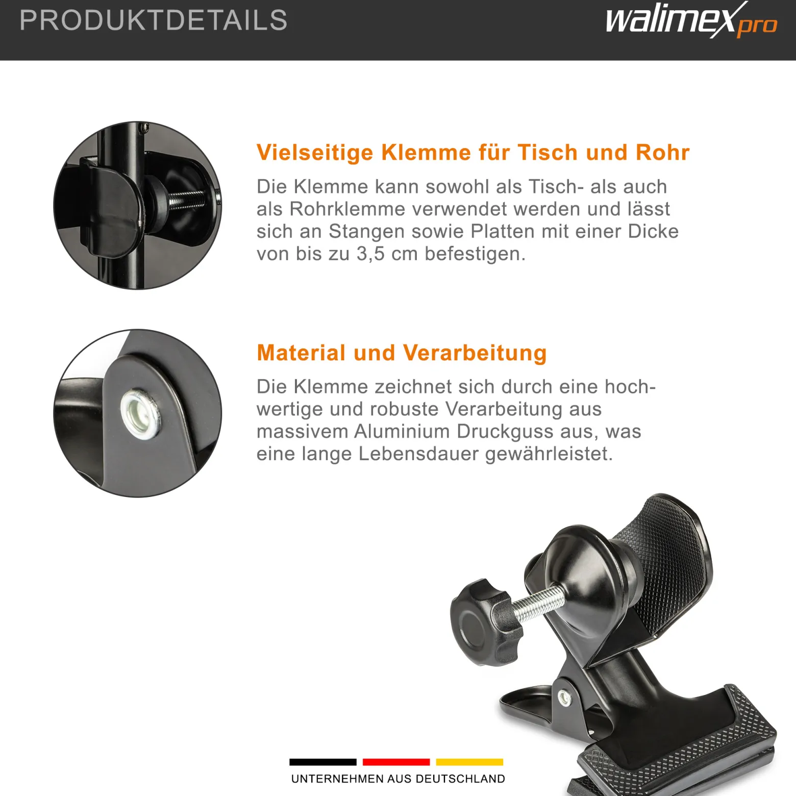 Walimex pro Schraubklemme mit Schraub- und Klemmvorrichtung für Stangen bis 3,5 cm, Klemmbereich 2,5 cm, Studio Zubehör für Hintergründe und Reflektoren