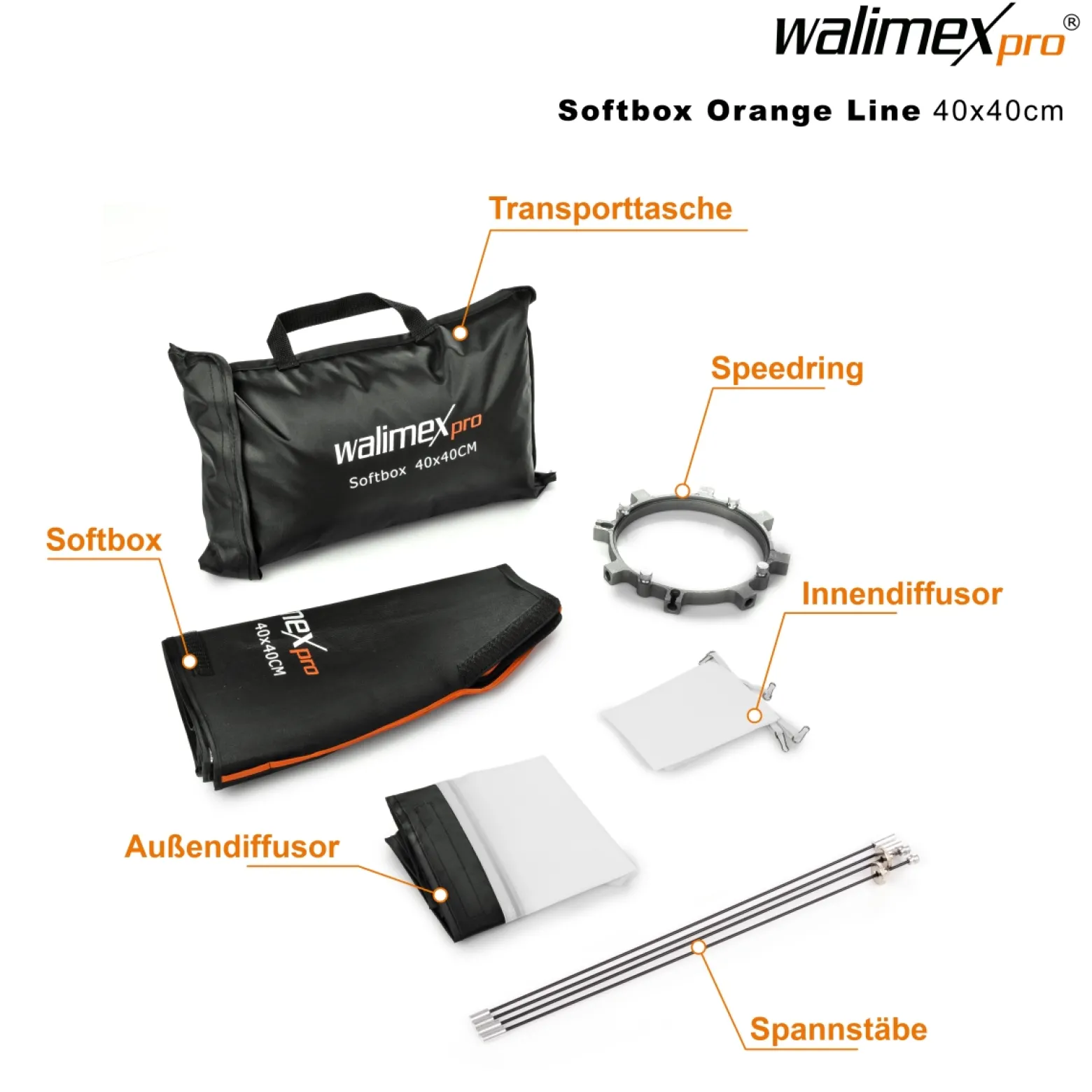 Walimex pro Softbox Orange Line 40x40, um 360° drehbar, einfacher Aufbau, inkl. Diffusoren und Transporttasche, ideal für Produkt- und Peoplefotografie - schwarz-weiß