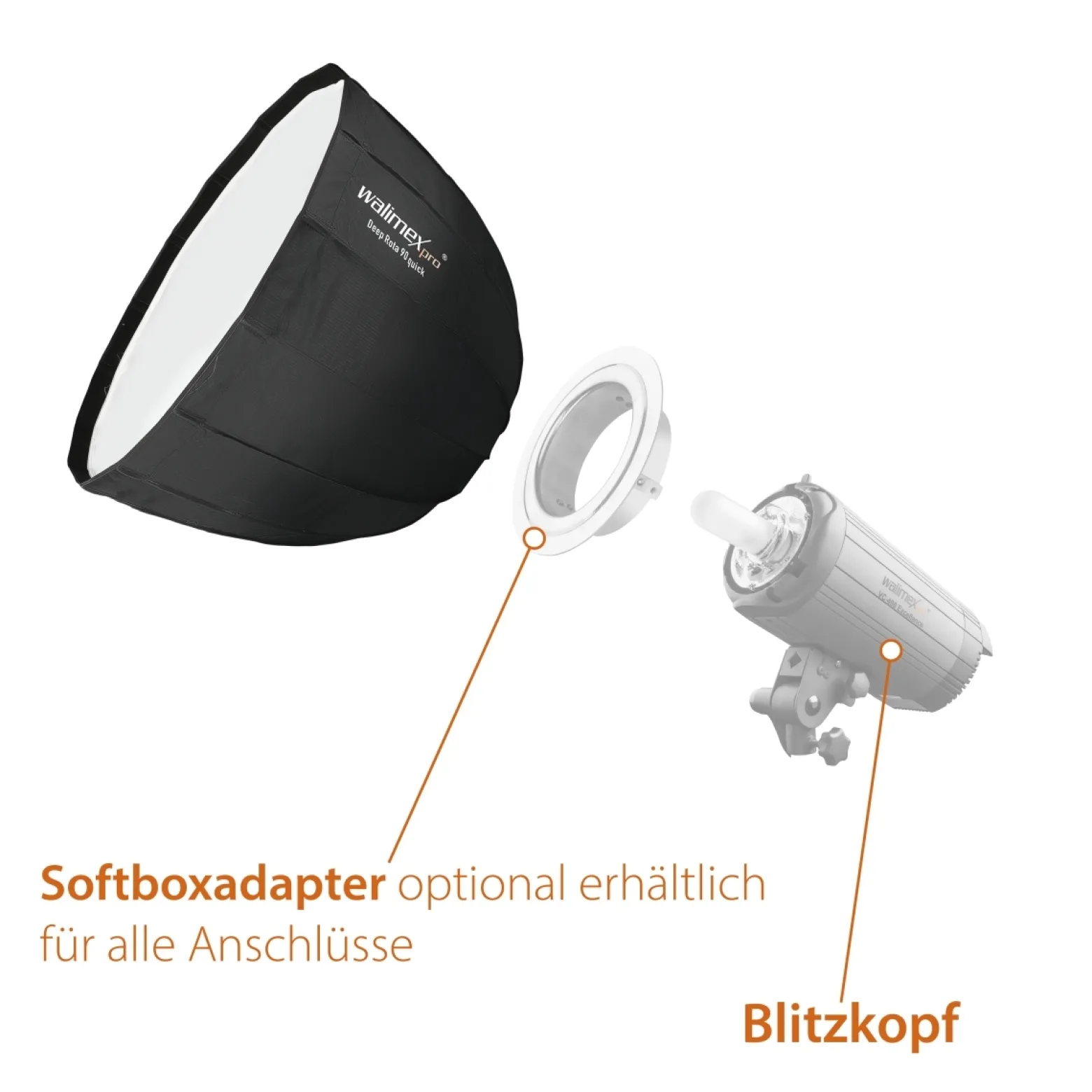 Walimex pro Softbox Studio Line Deep Rota QA90 - 700 x 900 x 900 mm - mit Quick Assemble System, Grid, Diffusoren und Tasche - inkl. Adapters für Aurora/Bowens