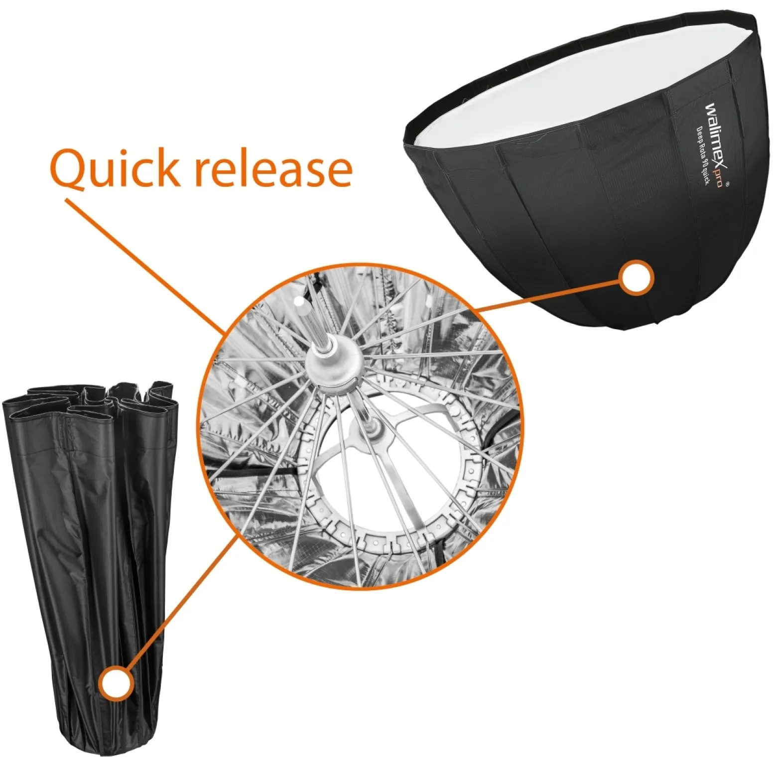 Walimex pro Softbox Studio Line Deep Rota QA90 - 700 x 900 x 900 mm - mit Quick Assemble System, Grid, Diffusoren und Tasche - inkl. Adapters für Elinchrom