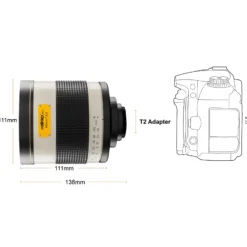 Walimex pro Spiegel Objektiv 800/8,0 DSLR kompatibel mit Sony E – Länge 131mm – für 800mm Brennweite – Vollformat / APS-C Sensor – für Reise Natur Tiere – K-Mount T2-Adapter – 3,5m Naheinstellgrenze