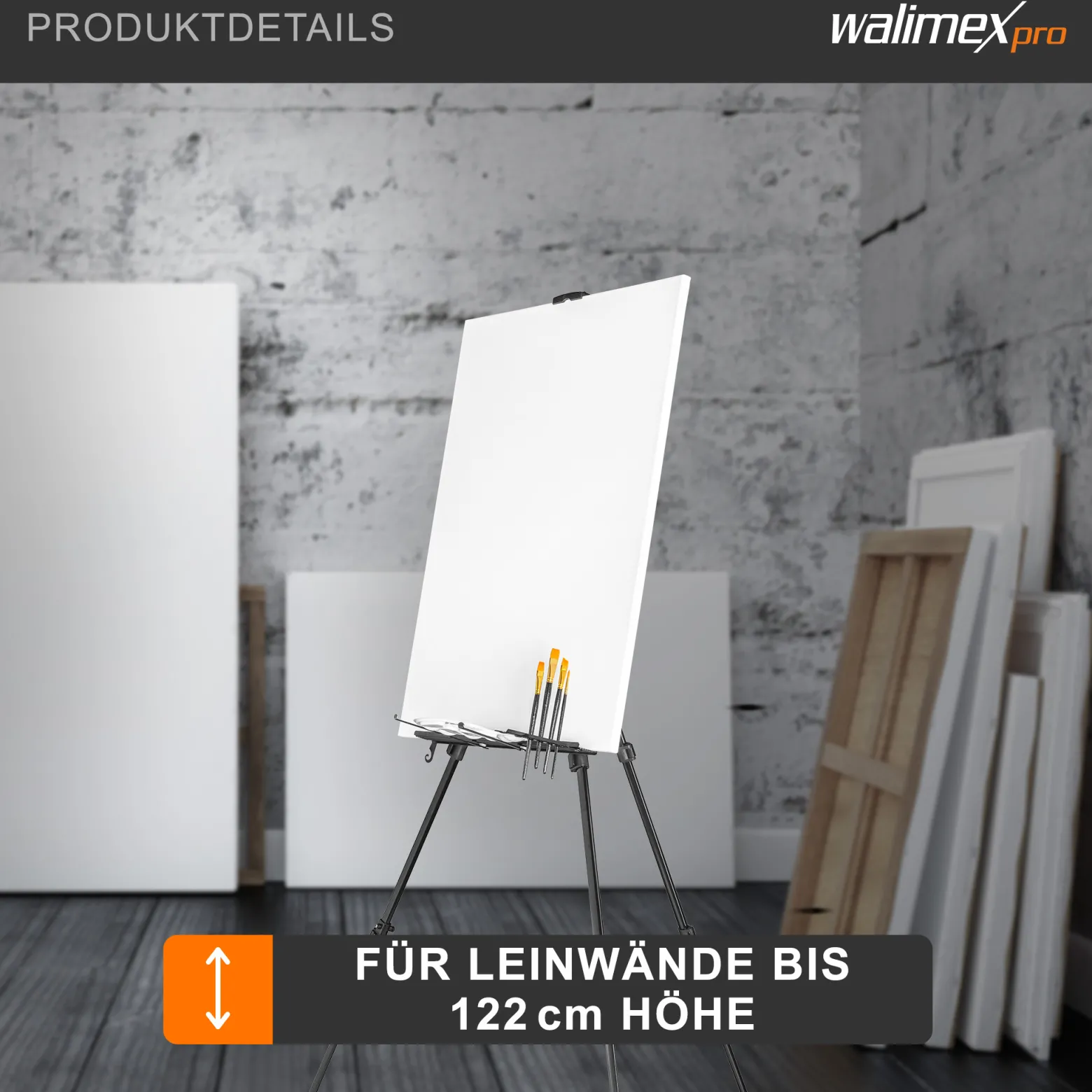 Walimex pro Staffelei L 50-165 cm, Leinwandstaffelei aus Aluminium inkl. Transporttasche, Feldstaffelei für Leinwand bis 122 cm, Leinwandstativ mit Ablage