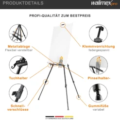 Walimex pro Staffelei L 50-165 cm, Leinwandstaffelei aus Aluminium inkl. Transporttasche, Feldstaffelei für Leinwand bis 122 cm, Leinwandstativ mit Ablage