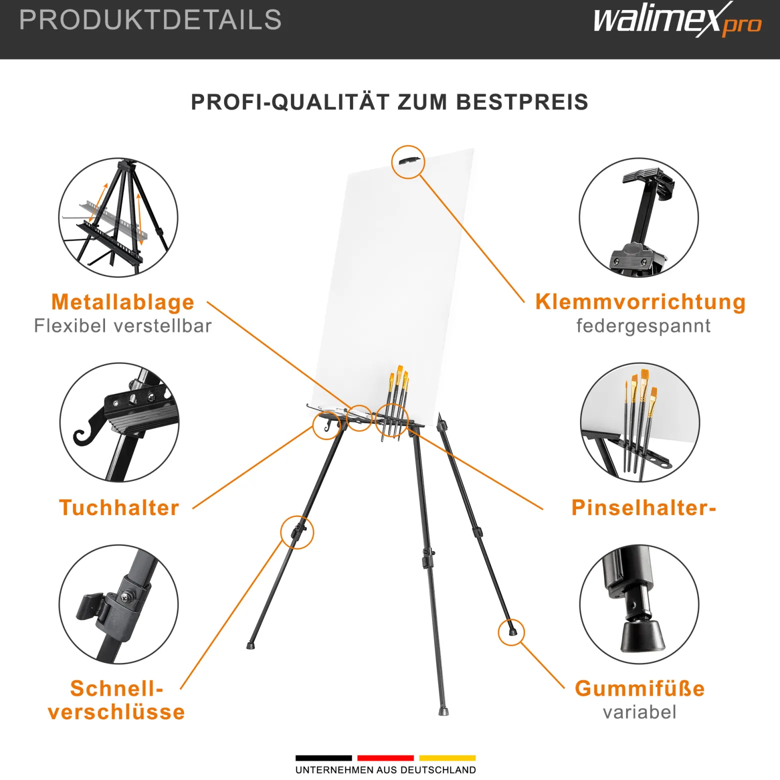 Walimex pro Staffelei L 50-165 cm, Leinwandstaffelei aus Aluminium inkl. Transporttasche, Feldstaffelei für Leinwand bis 122 cm, Leinwandstativ mit Ablage
