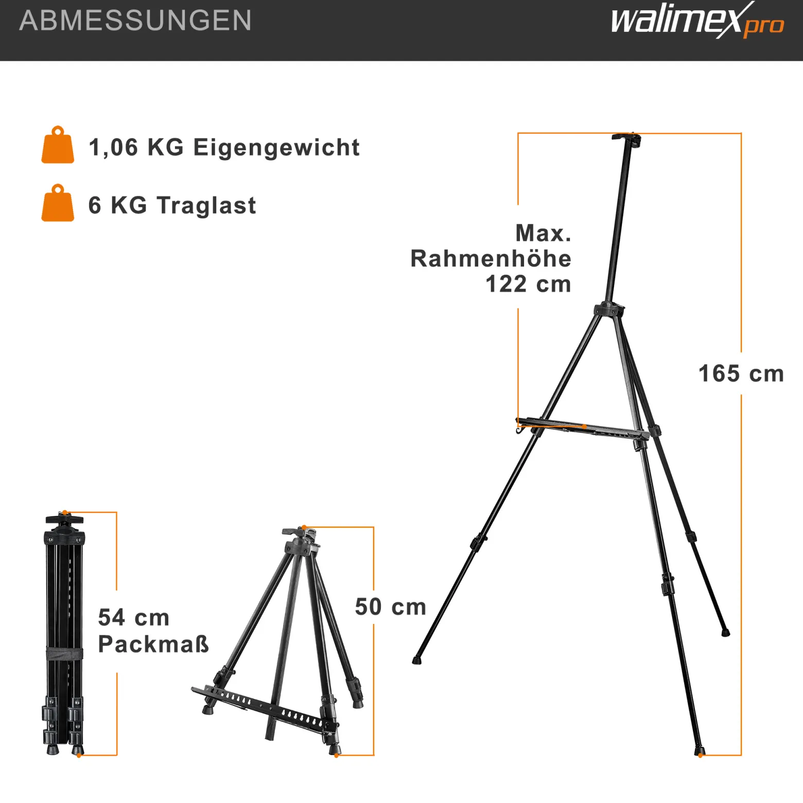 Walimex pro Staffelei L 50-165 cm, Leinwandstaffelei aus Aluminium inkl. Transporttasche, Feldstaffelei für Leinwand bis 122 cm, Leinwandstativ mit Ablage