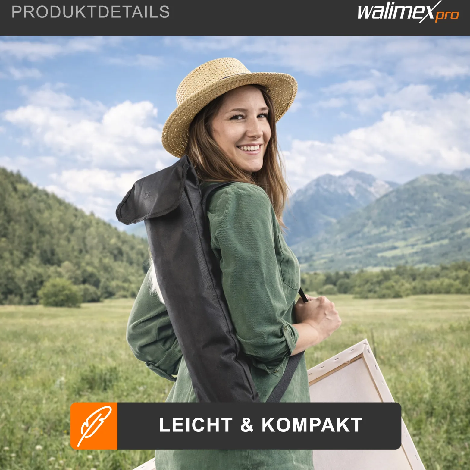 Walimex pro Staffelei M 52-155 cm, Leinwandstaffelei aus Aluminium inkl. Transporttasche, Feldstaffelei für Leinwand bis 74 cm, Leinwandstativ höhenverstellbar