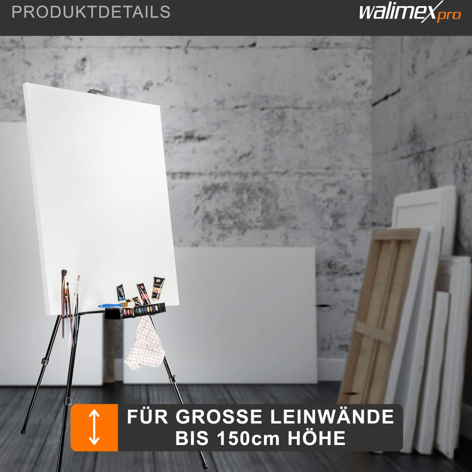 Walimex pro Staffelei XXL 62-205 cm, Leinwandstaffelei aus Aluminium inkl. Transporttasche, Feldstaffelei für Leinwand bis 150 cm, Leinwandstativ mit Ablage