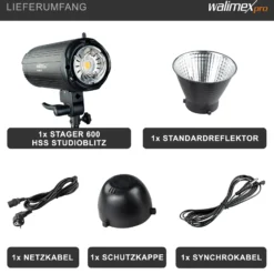 Walimex pro Stager 600 HSS Studioblitz, 600 W Studiolicht mit LED-Einstelllicht, Videolicht mit 2,4 GHz Empfänger, kurze Abbrennzeit, ideal für Fotostudio