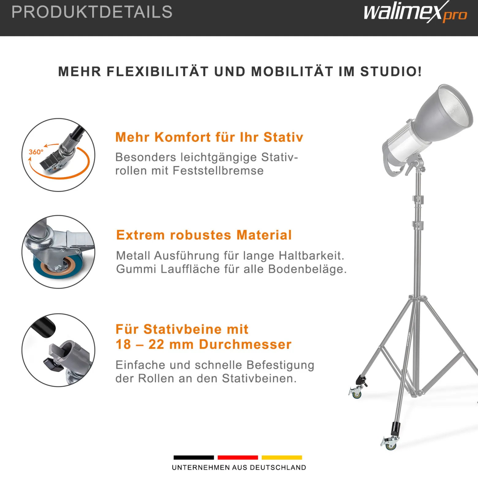 Walimex pro Stativrollen Pro 3er-Set - Stativrollen Lenkrollen Set - Metall und Alu, Ø 75 mm - mit Feststellbremse - für Stativbeine Ø 18-22mm - für Licht Lampen und Videostativ, Grau