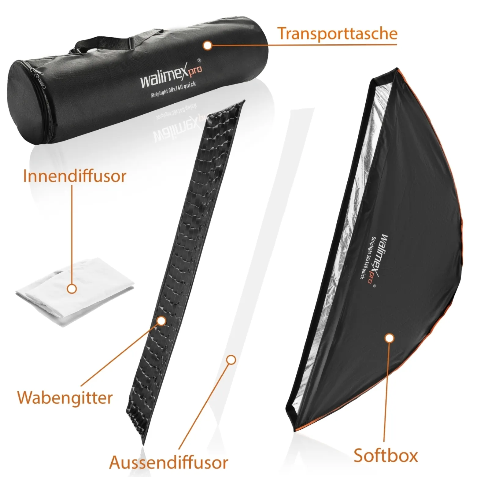 Walimex pro Studio Line Striplight Softbox – Streiflicht, 1400 x 300 x 600 mm - faltbar - mit Quick Assemble System, Grid, Innen- und Außendiffusor, Speedring - für Aufsteckblitz Studioblitz