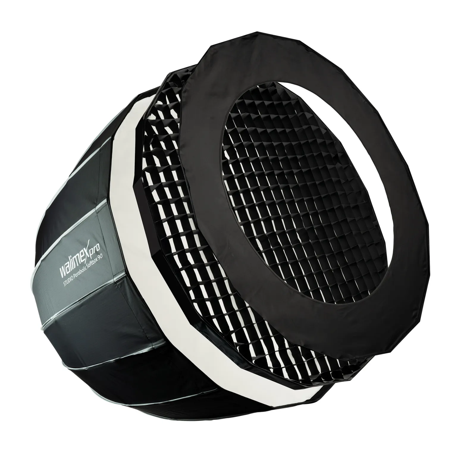 Walimex pro Studio Parabolic Softbox 90cm, um 360° drehbar, einfacher Aufbau dank Schirmfunktion, inkl. Grid, Maske, Bowens Adapter und Transporttasche, ideal für Porträts und Beauty-Aufnahmen