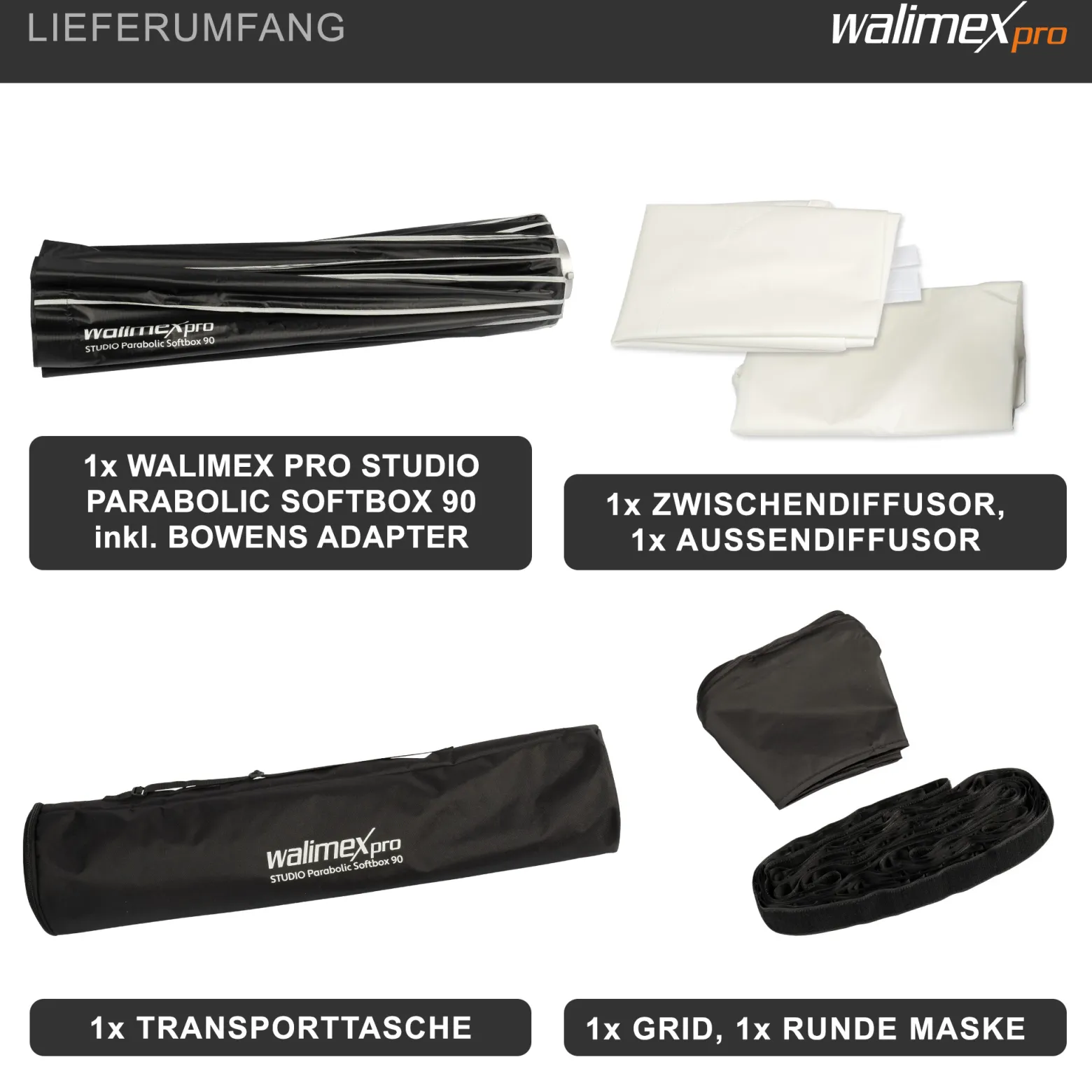 Walimex pro Studio Parabolic Softbox 90cm, um 360° drehbar, einfacher Aufbau dank Schirmfunktion, inkl. Grid, Maske, Bowens Adapter und Transporttasche, ideal für Porträts und Beauty-Aufnahmen