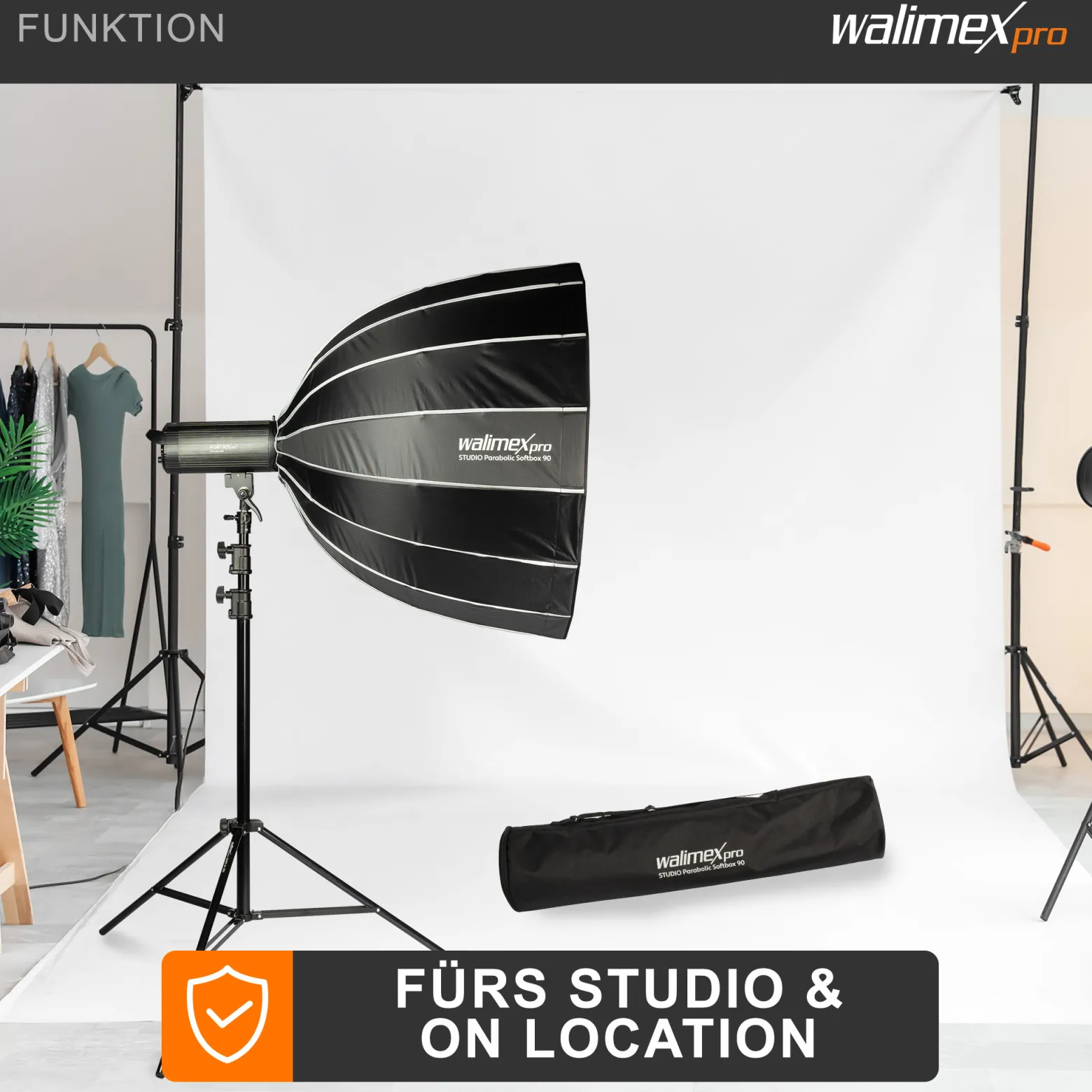 Walimex pro Studio Parabolic Softbox 90cm, um 360° drehbar, einfacher Aufbau dank Schirmfunktion, inkl. Grid, Maske, Bowens Adapter und Transporttasche, ideal für Porträts und Beauty-Aufnahmen
