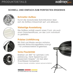 Walimex pro Studio Parabolic Softbox 90cm, um 360° drehbar, einfacher Aufbau dank Schirmfunktion, inkl. Grid, Maske, Bowens Adapter und Transporttasche, ideal für Porträts und Beauty-Aufnahmen