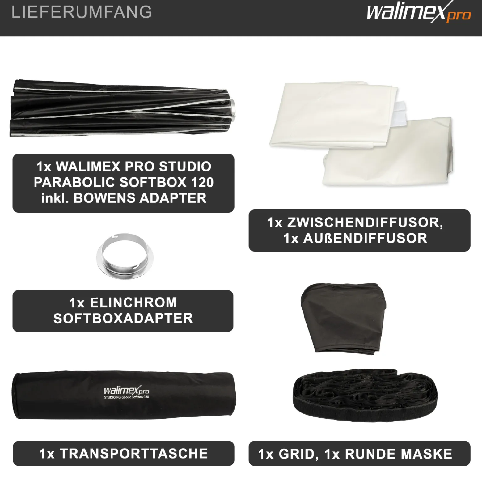 Walimex pro Studio Parabolic Softbox 120cm + Elinchrom Adapter 15,2cm, 360°, Schirmfunktion, inkl. Grid, Maske, Bowens Adapter und Transporttasche, ideal für Porträts und Beauty-Aufnahmen