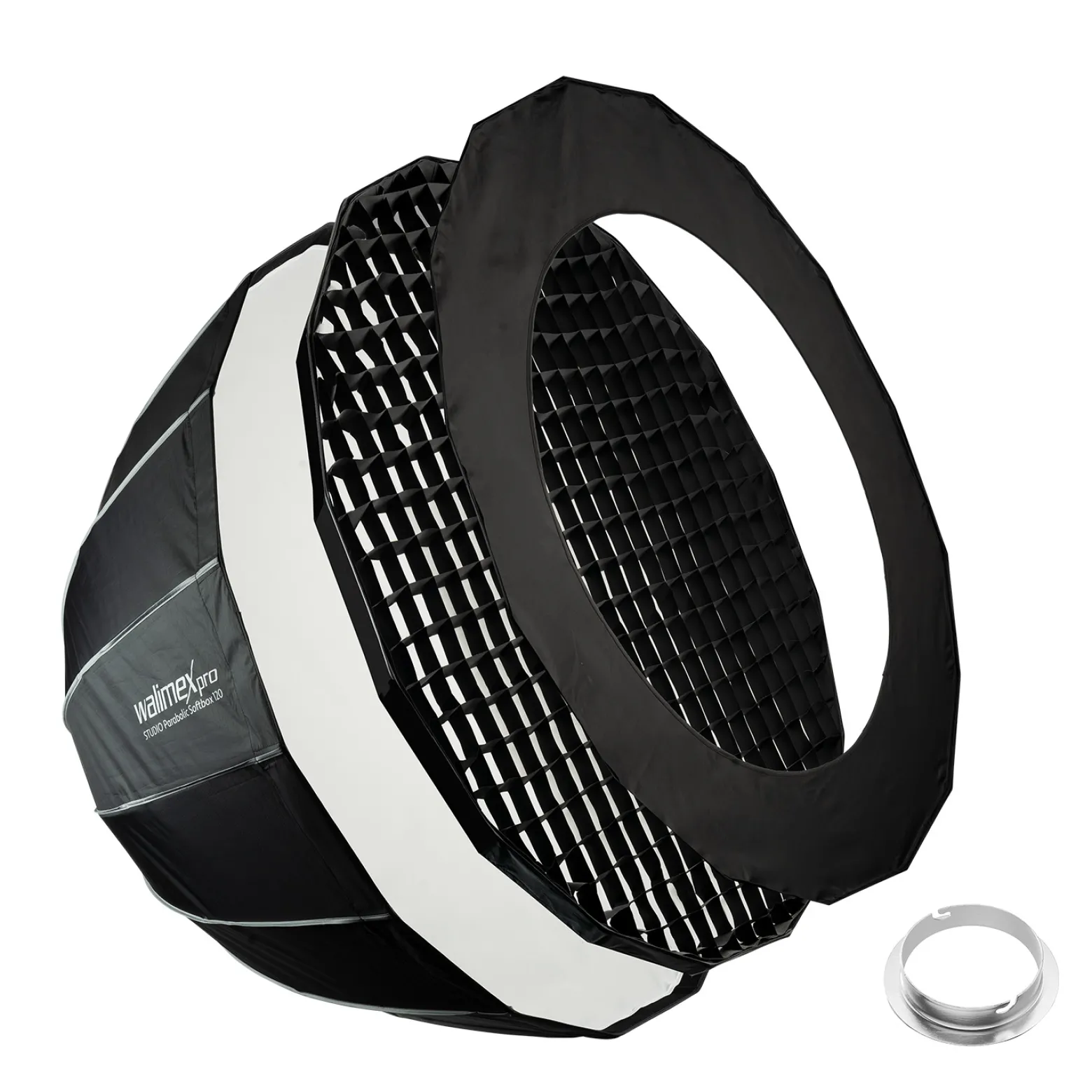 Walimex pro Studio Parabolic Softbox 120cm + Elinchrom Adapter 15,2cm, 360°, Schirmfunktion, inkl. Grid, Maske, Bowens Adapter und Transporttasche, ideal für Porträts und Beauty-Aufnahmen