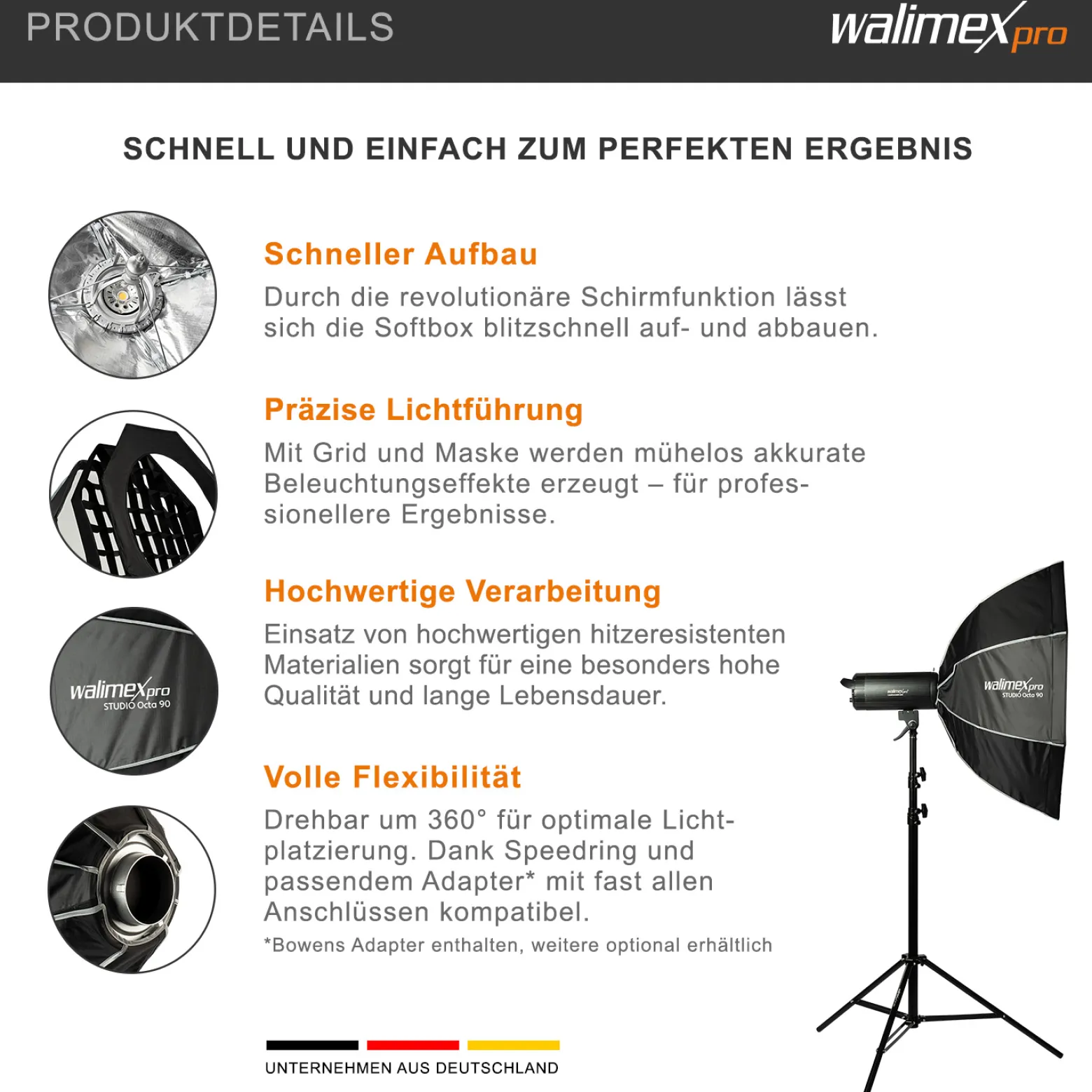 Walimex pro Studio Softbox Octagon 90cm + Softboxadapter für Hensel Expert, um 360° drehbar, inkl. Grid, Maske, Bowens Adapter und Transporttasche, ideal für Porträts und Beauty-Aufnahmen